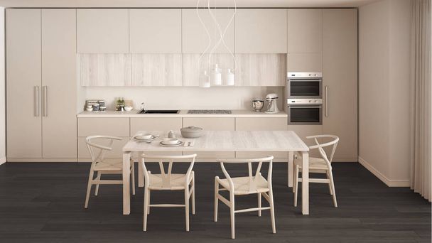 Moderní minimální bílá kuchyň s dřevěnou podlahou, klasický interiér - Fotografie, Obrázek