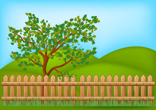 Дерев'яний паркан з травою і деревом пейзаж Векторний символ значок de
 - Вектор, зображення