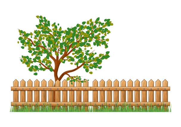 Houten hek met gras en boom geïsoleerd vector symbool pictogram des - Vector, afbeelding