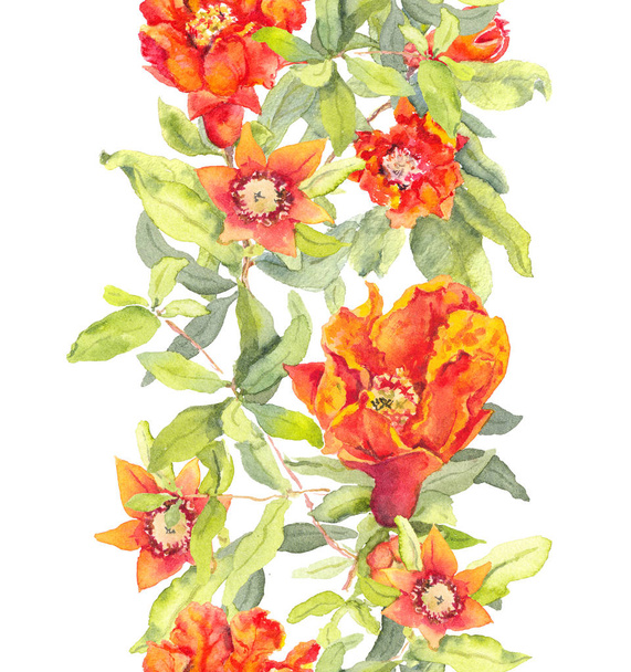 Pomegranate red flowers. Seamless floral border. Watercolor - Zdjęcie, obraz
