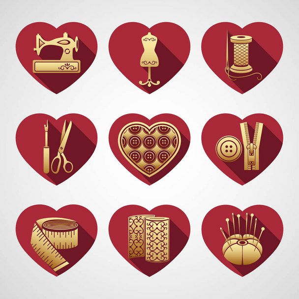 Set of vector icons sewing tools. Gold sewing supplies in a frame in the shape of a red heart - Vektor, Bild