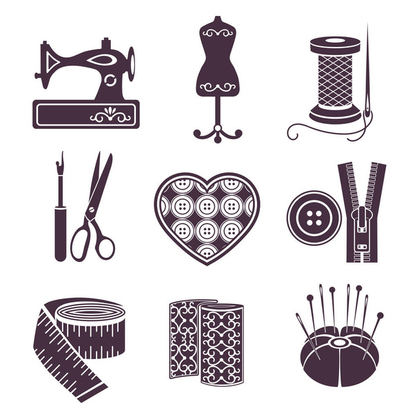 Set of vector icons sewing tools. Purple sewing supplies on white background - Vector, imagen