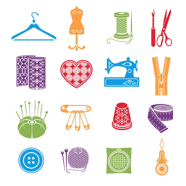Set of vector icons sewing tools. Multicolored sewing supplies on white background - Вектор, зображення