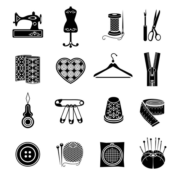 Vector ikonok varrás eszközök gyűjteménye. Fehér alapon fekete varrás kellékek - Vektor, kép