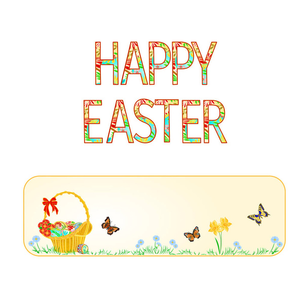 Баннер Счастливая пасхальная корзина с пасхальными яйцами с винтажными векторными иллюстрациями бабочек
 - Вектор,изображение
