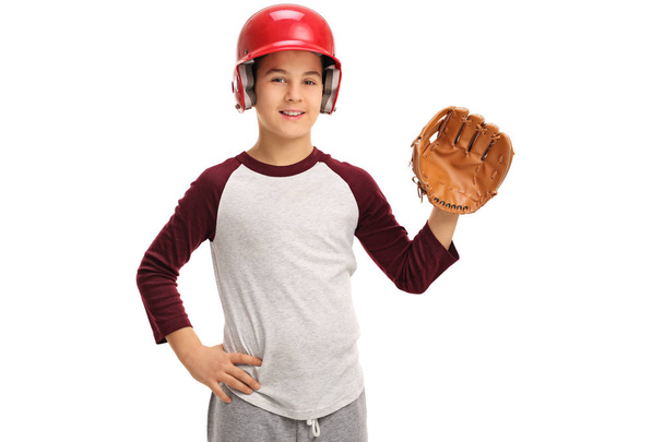Boy with a baseball glove and a helmet - Φωτογραφία, εικόνα