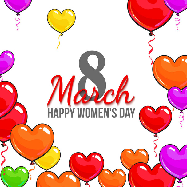 Womens day, 8 March greeting card, poster, banner design with red and pink heart shaped balloons - Vector, imagen