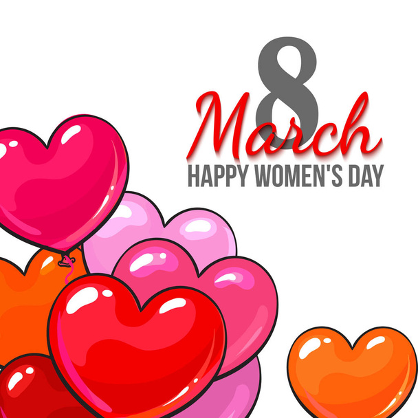 Womens day, 8 March greeting card, poster, banner design with red and pink heart shaped balloons - Vektor, Bild