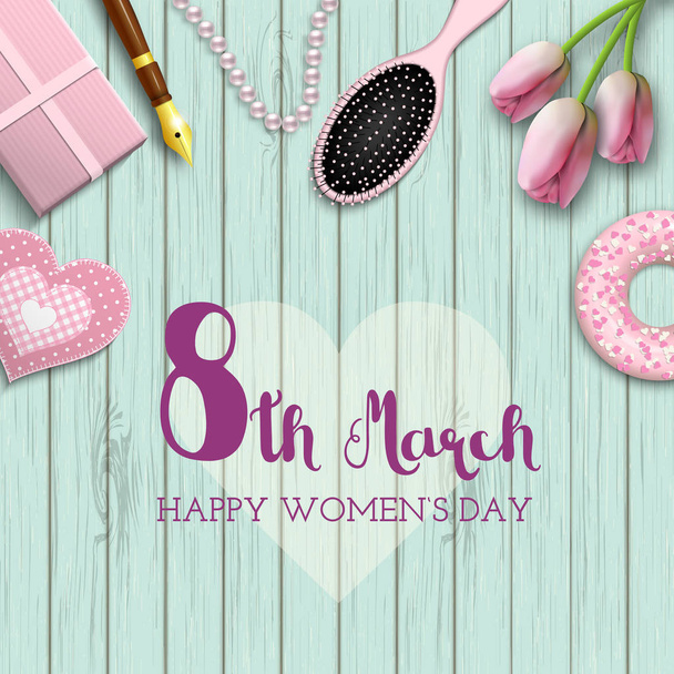 International womens day, 8th march, text on blue wooden background, illustration - Vector, Image