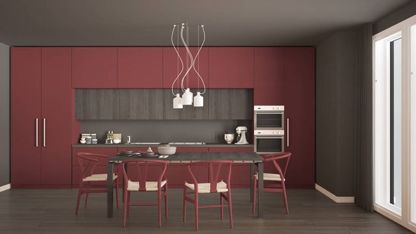 Moderní minimální červená kuchyň s dřevěnou podlahou, klasický interiér d - Fotografie, Obrázek
