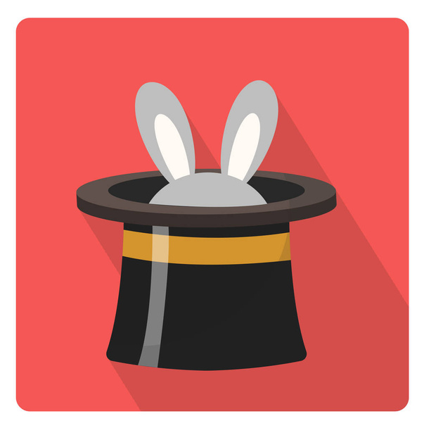 Goochelaar hoed met een konijn pictogram platte stijl met lange schaduwen, geïsoleerd op witte achtergrond. Vectorillustratie. - Vector, afbeelding