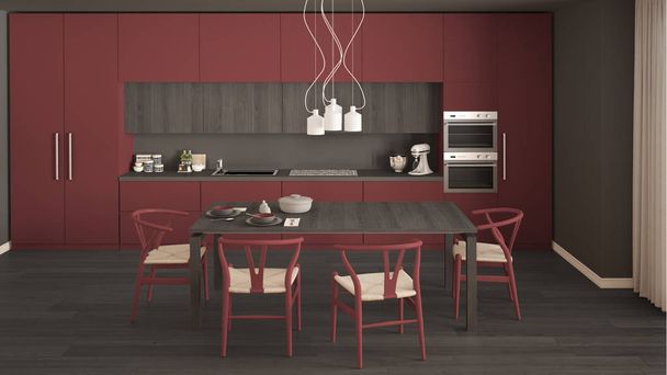 Moderní minimální červená kuchyň s dřevěnou podlahou, klasický interiér d - Fotografie, Obrázek