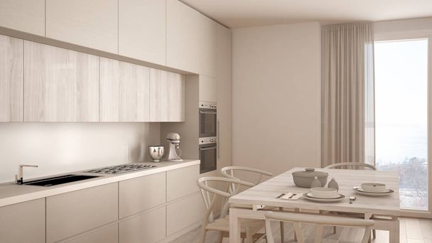 Moderní minimální bílá kuchyň s dřevěnou podlahou, klasický interiér - Fotografie, Obrázek