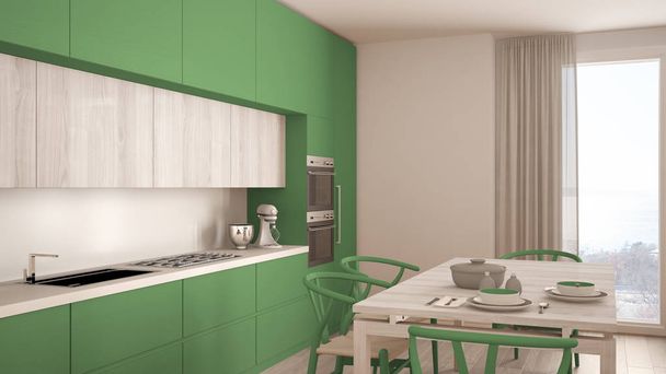 Moderní minimální zelená kuchyň s dřevěnou podlahou, klasický interiér - Fotografie, Obrázek