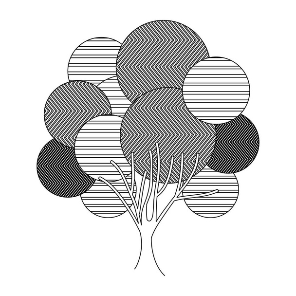 silhueta monocromática planta arbórea folhosa com linhas abstratas e ramificações
 - Vetor, Imagem