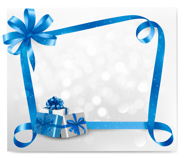 Hediye kutuları resimli mavi hediye yayı ile tatil arkaplanı - Vektör, Görsel