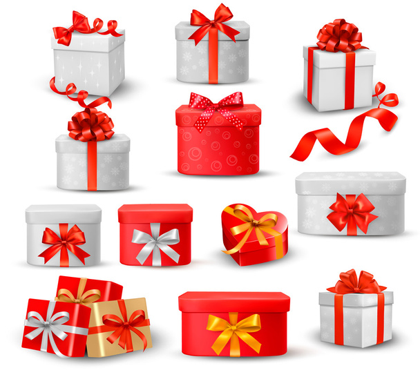 Set von bunten Geschenkboxen mit Schleifen und Bändern. - Vektor, Bild