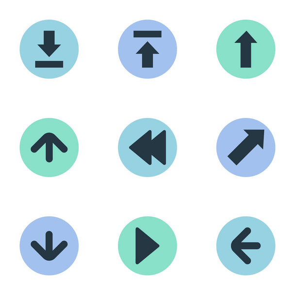 Set Of 9 Simple Indicator Icons. Can Be Found Such Elements As Right Landmark, Let Down, Rearward. - Vector, Image