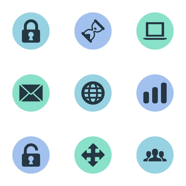 Set Of 9 Simple Practice Icons. Can Be Found Such Elements As Notebook, Sand Timer, Community. - Vektor, kép