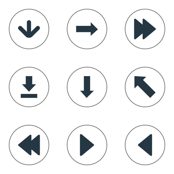 Set de 9 Iconos de Flechas Simples. Se pueden encontrar elementos tales como bajar, apuntar hacia abajo, hacia atrás y otros
. - Vector, Imagen