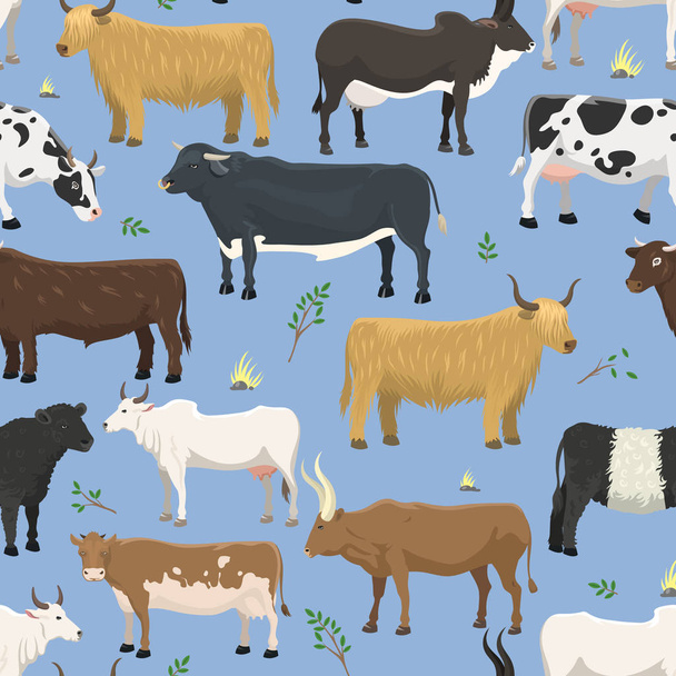 Set von Stieren und Kühen Nutztiere Rinder Säugetier Natur Rindfleisch Landwirtschaft und inländische ländliche Rinder gehörnte Zeichentrickbüffel Charakter Vektor nahtlose Muster - Vektor, Bild