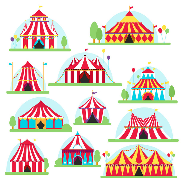 Sirkus teltta teltta raitoja ja lippuja eristetty. Ihanteellinen karnevaali merkkejä
 - Vektori, kuva