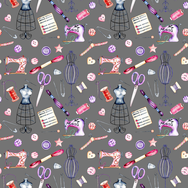Seamless pattern with watercolor sewing elements - Fotoğraf, Görsel