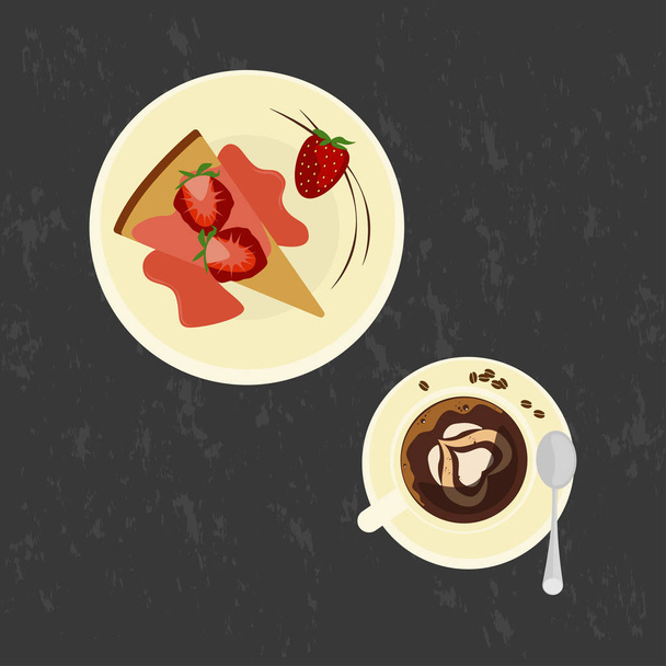 愛のコーヒーとイチゴのケーキ - ベクター画像