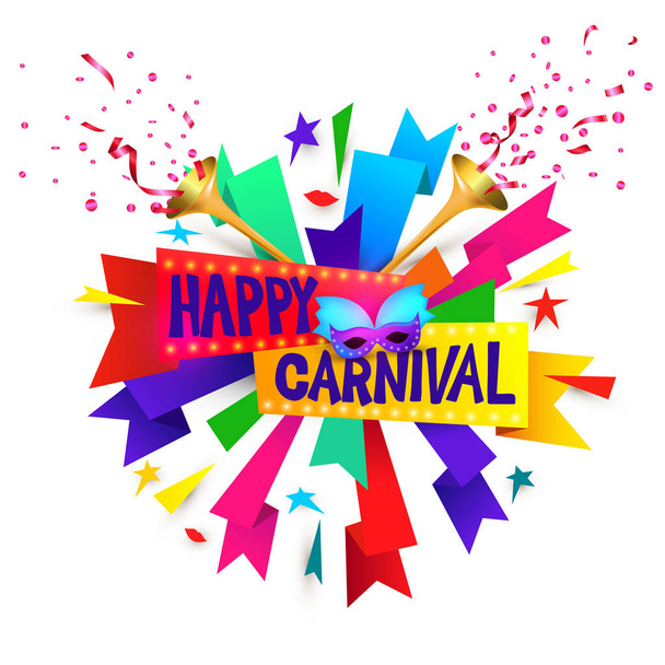 Boldog, karnevál ünnepi fogalom zenei trombita, maszk, lips, konfetti elszigetelt fehér background - Vektor, kép