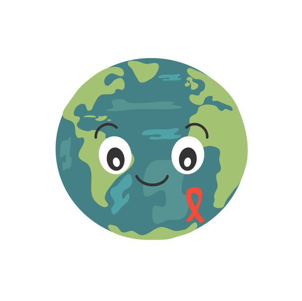 cute cartoon earth planet with aids red ribbon vector illustration - Vector, Image