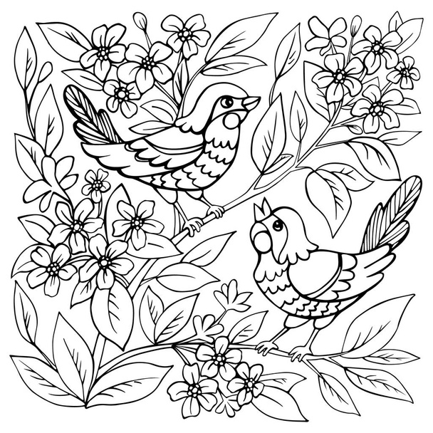 Hand drawn vector floral illustration of a bird and blooming herbs - Vektori, kuva