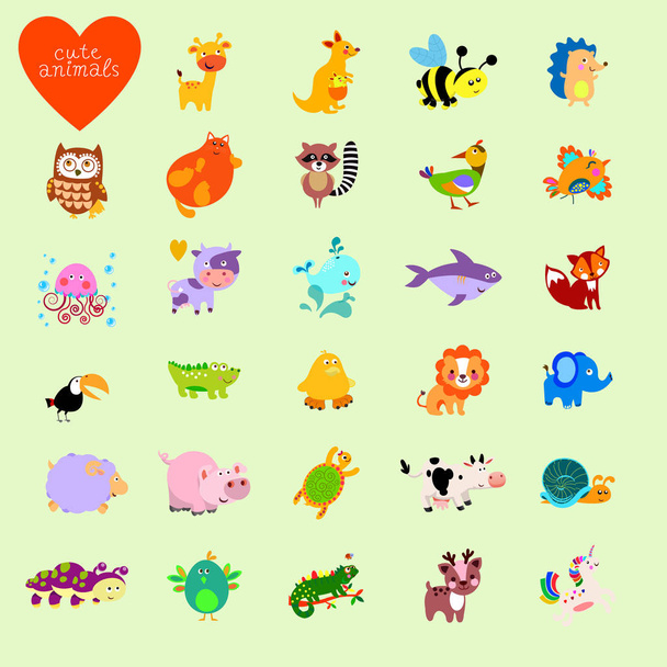 Set of vector funny animals in cartoon style. Cute animals on a green background. A collection of small animals in the children's style.  - Vector, Image