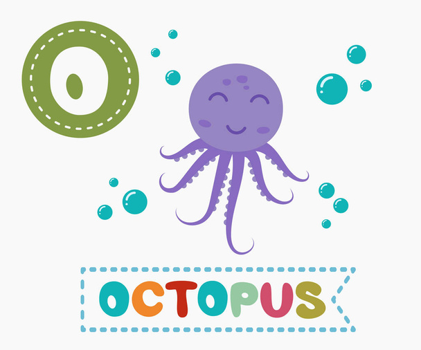 Hand drawn letter O and funny cute octopus - Vektor, kép