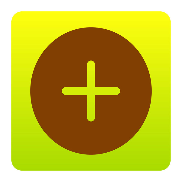 Simbolo positivo più segno. Vettore. Icona marrone a gradiente quadrato giallo-verde con angoli arrotondati su sfondo bianco. Isolato
. - Vettoriali, immagini