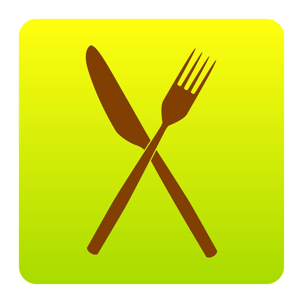 Fork and Knife sign. Vector. Brown icon at green-yellow gradient square with rounded corners on white background. Isolated. - Vecteur, image