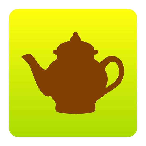 Tea készítő jele. Vektor. Zöld-sárga átmenet tér lekerekített sarkokkal, fehér alapon barna ikonra. Elszigetelt. - Vektor, kép