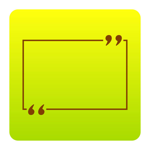 Sinal de citação de texto. Vector. Ícone marrom no quadrado de gradiente verde-amarelo com cantos arredondados no fundo branco. Isolados
. - Vetor, Imagem
