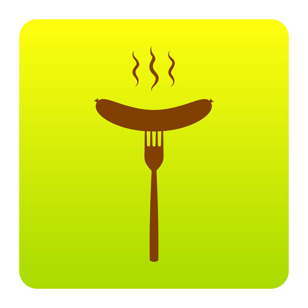 Sausage on fork sign. Vector. Brown icon at green-yellow gradient square with rounded corners on white background. Isolated. - Vecteur, image
