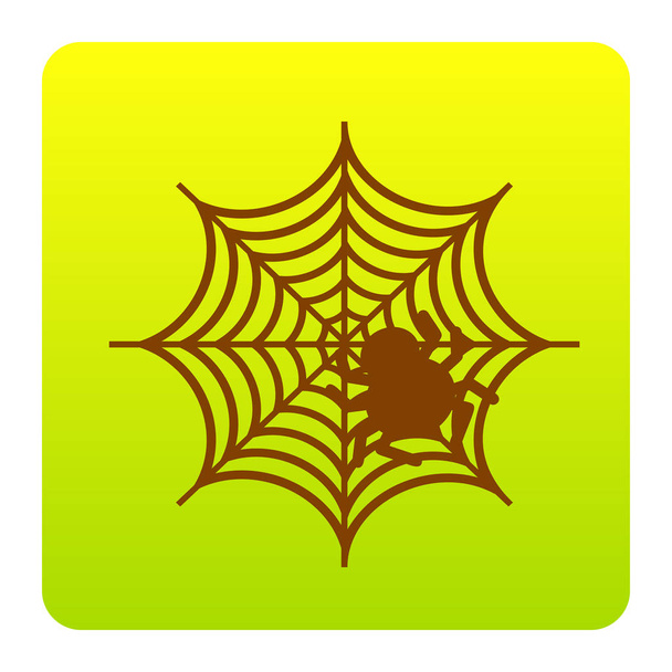 Spider on web illustration Vector. Brown icon at green-yellow gradient square with rounded corners on white background. Isolated. - Vector, Image