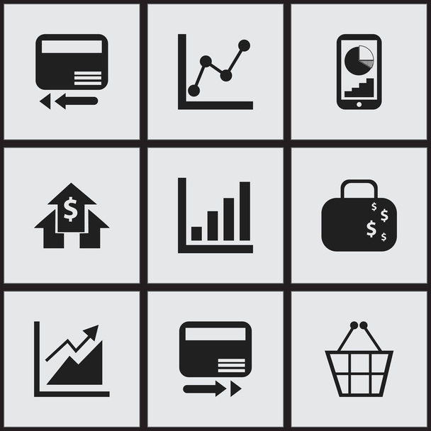 Zestaw 9 ikon można edytować Analytics. Zawiera symbole, takie jak bankowość House, wykres, karty kredytowej i więcej. Mogą być używane dla sieci Web, mobilnych, interfejsu użytkownika i Infographic Design. - Wektor, obraz