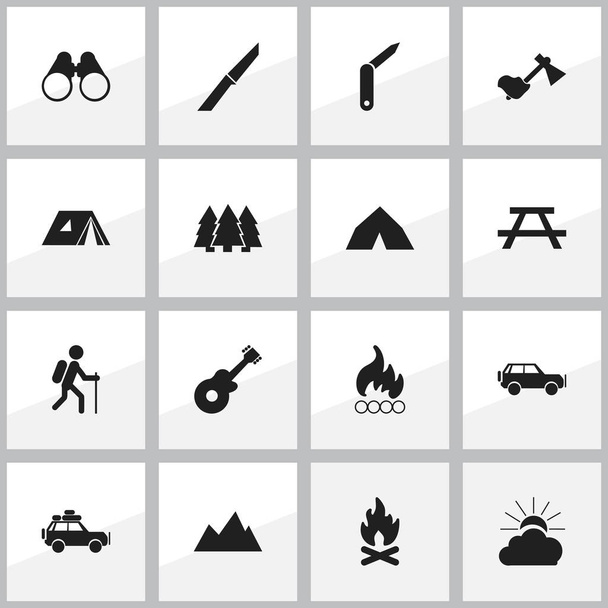 Conjunto de 16 iconos de viaje editables. Incluye símbolos tales como instrumento musical, pino, tipi y más. Puede ser utilizado para el diseño de la tela, móvil, interfaz de usuario e infografía
. - Vector, Imagen