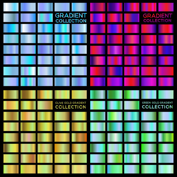 Gradient collection gold, blue, olive gold, green. Trend colors. Vector metal texture. Isolated on black background. - Vector, Image