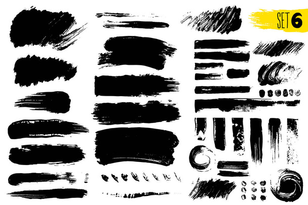 Set of black paint, ink brush strokes, brushes, lines. Dirty artistic design elements, boxes, frames. Vector illustration. Isolated on white background. Freehand drawing. - Vector, Image