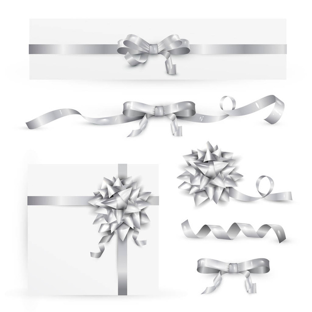 Set of decorative silver bows with ribbons. Vector illustration EPS 10. Isolated on transparent background - Vector, Image