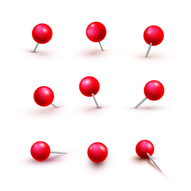 Set of push pins in different foreshortening. Vector illustration. Isolated on white background - Vektör, Görsel