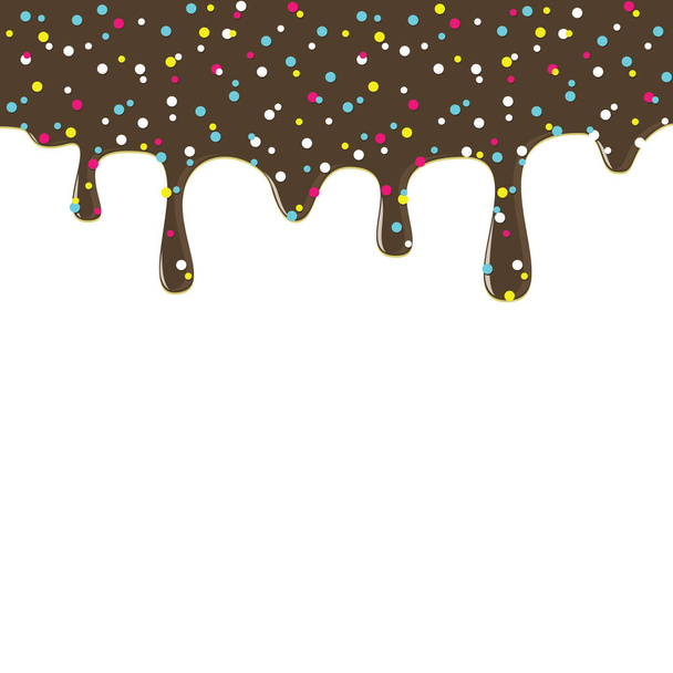 Dripping donut glaze background. Chocolate liquid sweet flow, tasty dessert topping with colorful sprinkles. Doughnut or ice cream drips. Vector eps8 illustration with blank white space. - ベクター画像