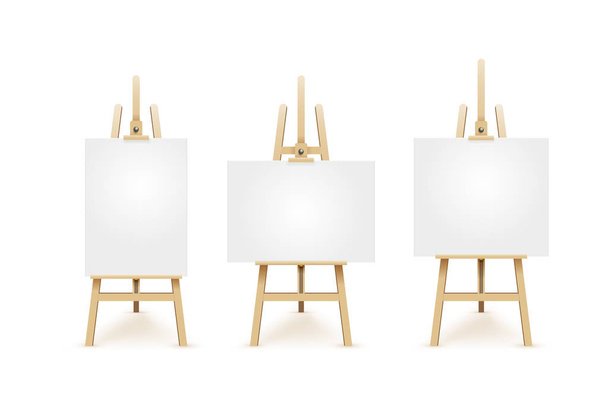 Set di cavalletti marroni in legno con finte tele quadrate vuote vuote. Isolato bianco su sfondo. Illustrazione vettoriale EPS 10
. - Vettoriali, immagini
