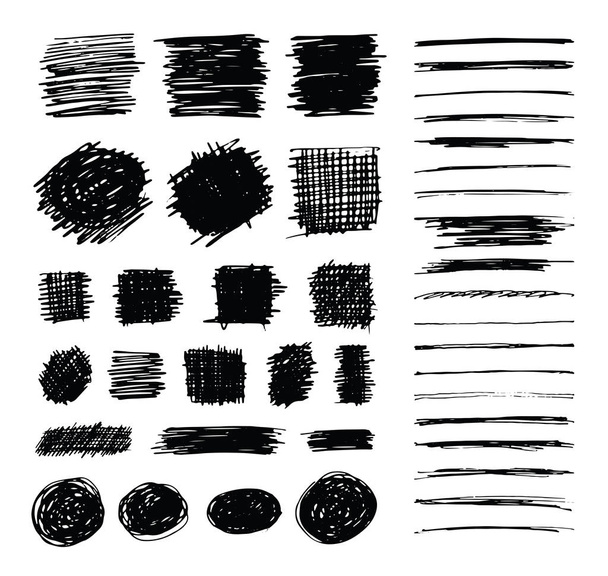 Set of hand drawn scribble symbols isolated on white. Doodle style sketches. Shaded and hatched badges, strokes and bubble shapes. Monochrome vector eps8 design elements. - Vector, Image