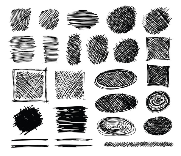 Set of hand drawn scribble symbols isolated on white. Doodle style sketches. Shaded and hatched badges and bubble shapes. Monochrome vector eps8 design elements. - Vector, Image