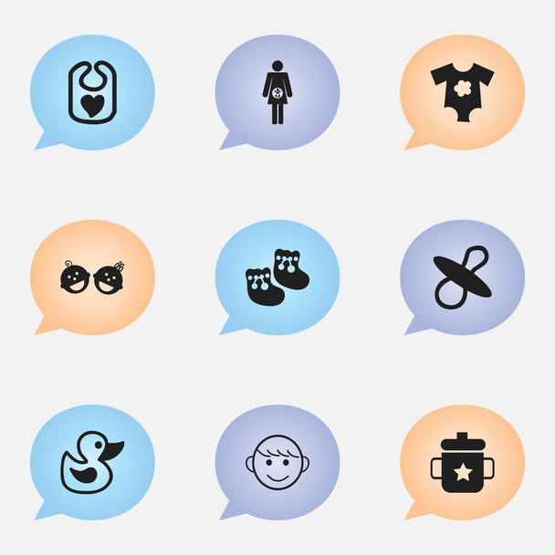 Conjunto de 9 ícones editáveis para crianças. Inclui símbolos como sapatos para bebês, vestidos pequenos, crianças alegres e muito mais. Pode ser usado para Web, Mobile, UI e design infográfico
. - Vetor, Imagem